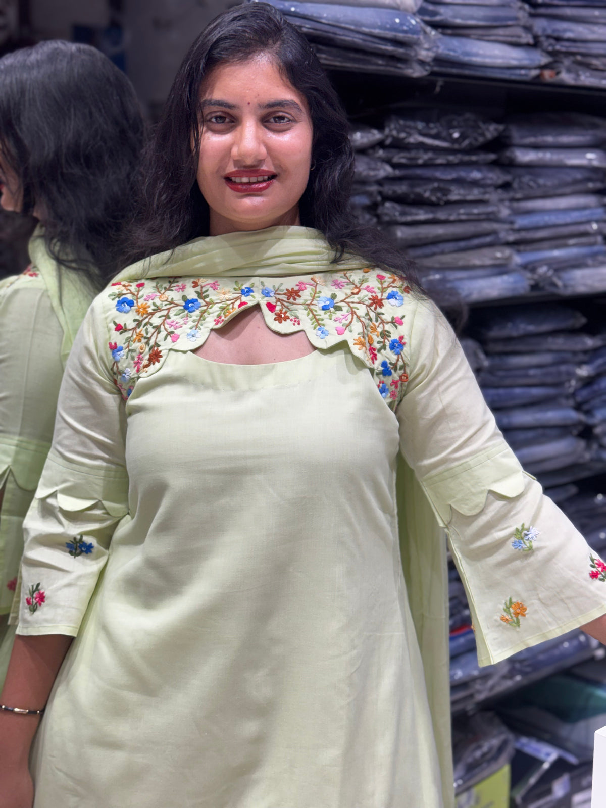 K243 Pista green Handloom cotton three peice suit set