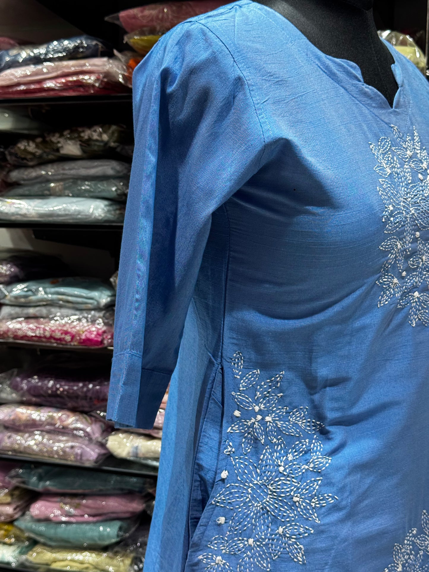 F75 SKY BLUE SLUB SILK DRESS