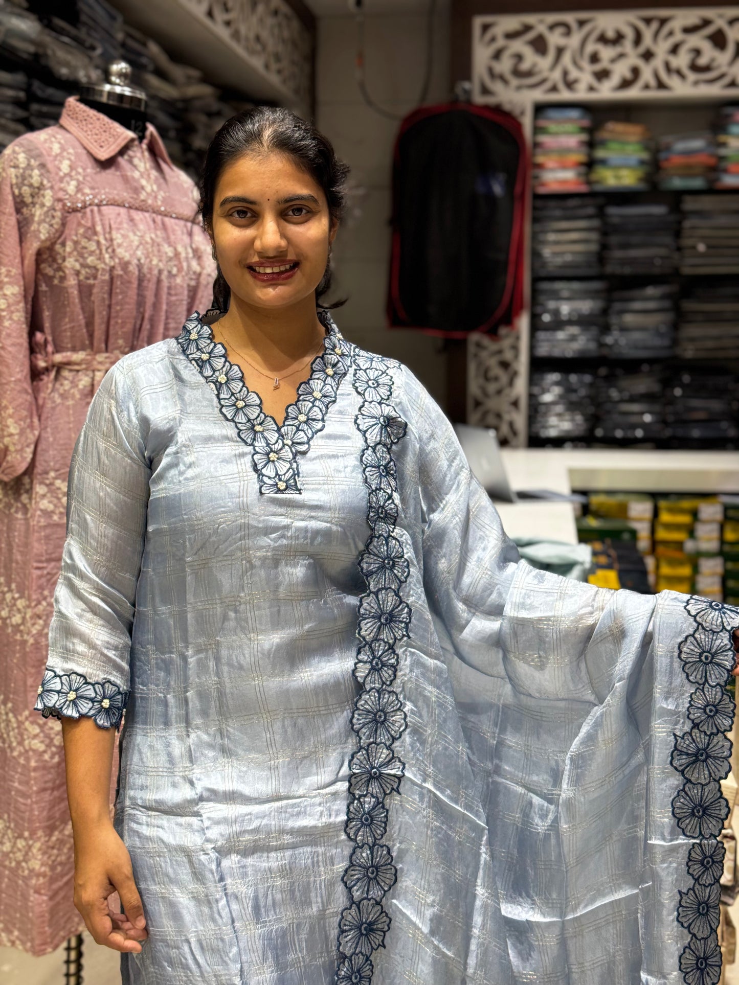 k102 Chanderi silk flower three piece set