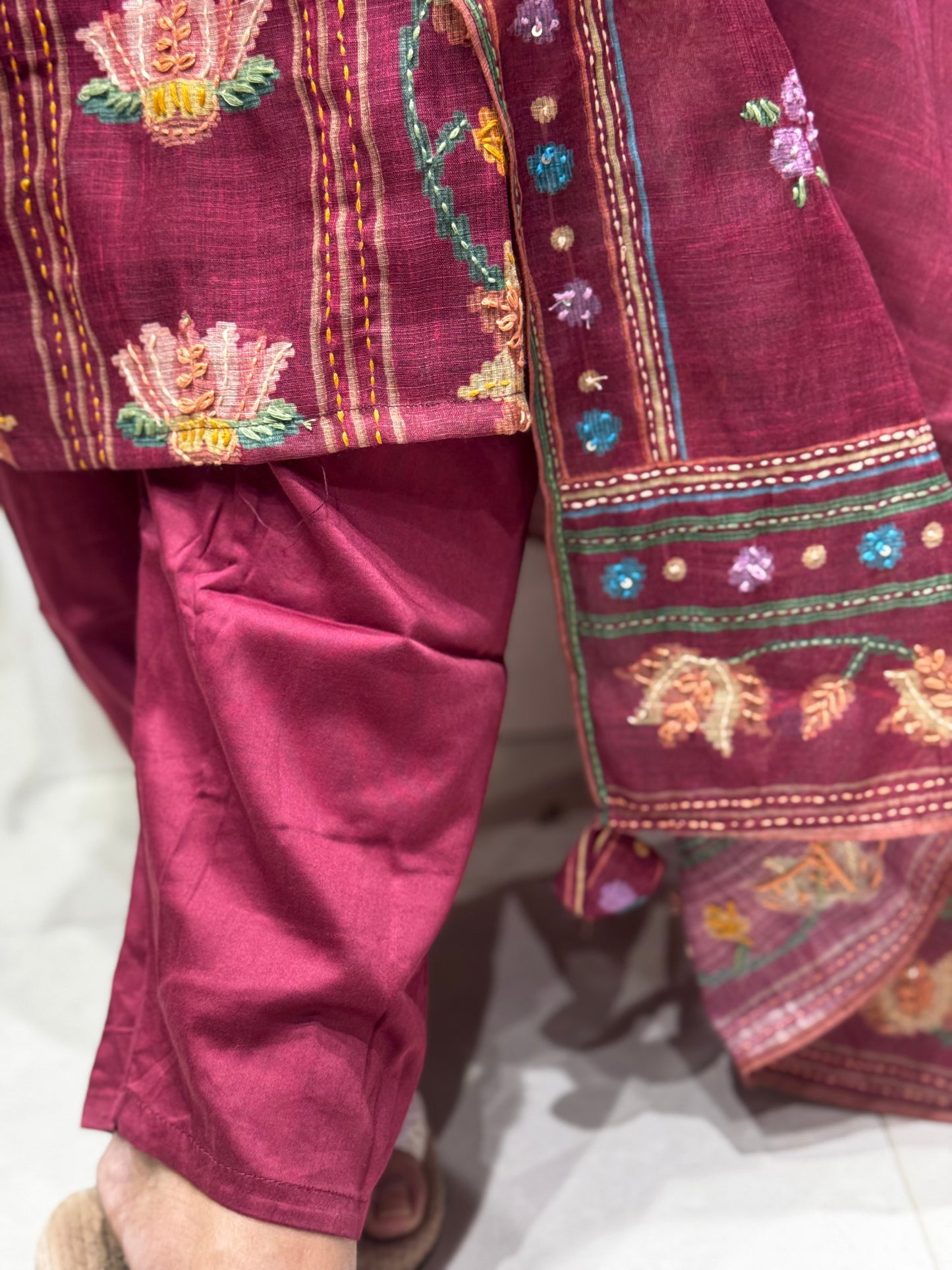 K121 Maroon Linen cotton three peice suit set