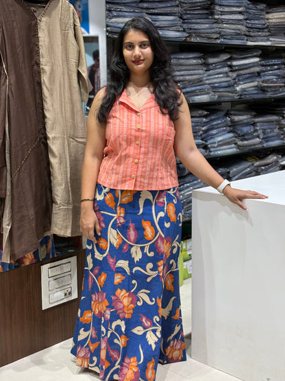 S13 Indo fusion Handloom skirt cord set orange and blue skirt