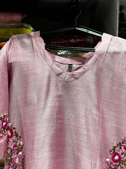 F141 Baby pink Slubsilk kurti/gown