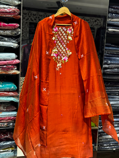 K208 Roman silk with Kantha work three peice suit set