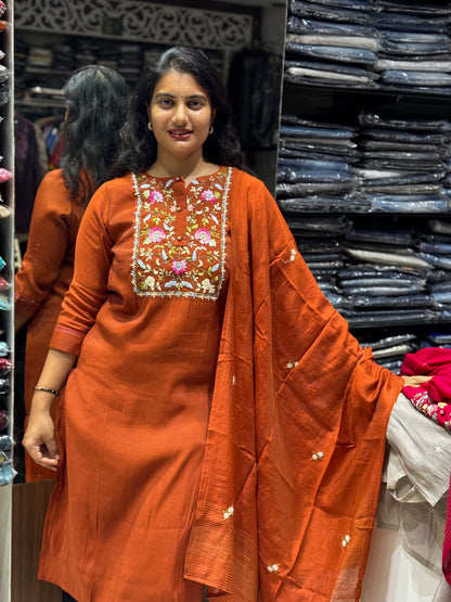 K208 Roman silk with Kantha work three peice suit set