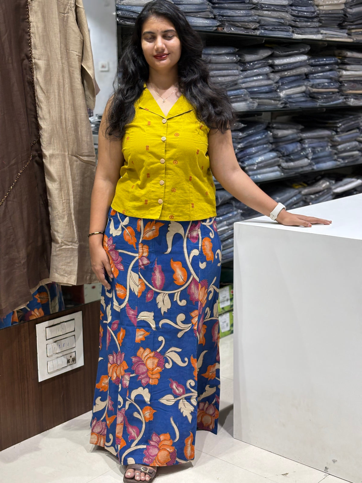 S10 Indo fusion Handloom kalamkari skirt cord set mustard yellow and blue