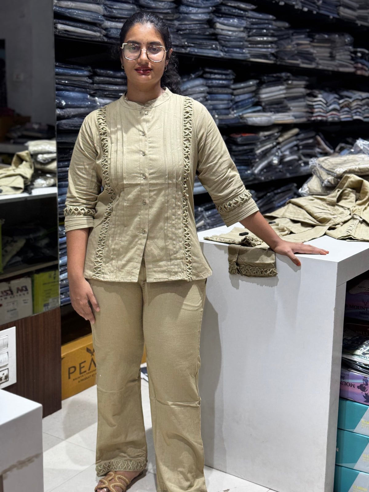 C119 Beige Khadi cotton cord set