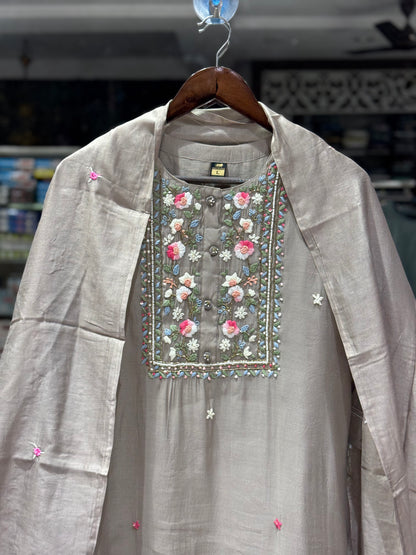 K208 Roman silk with Kantha work three peice suit set