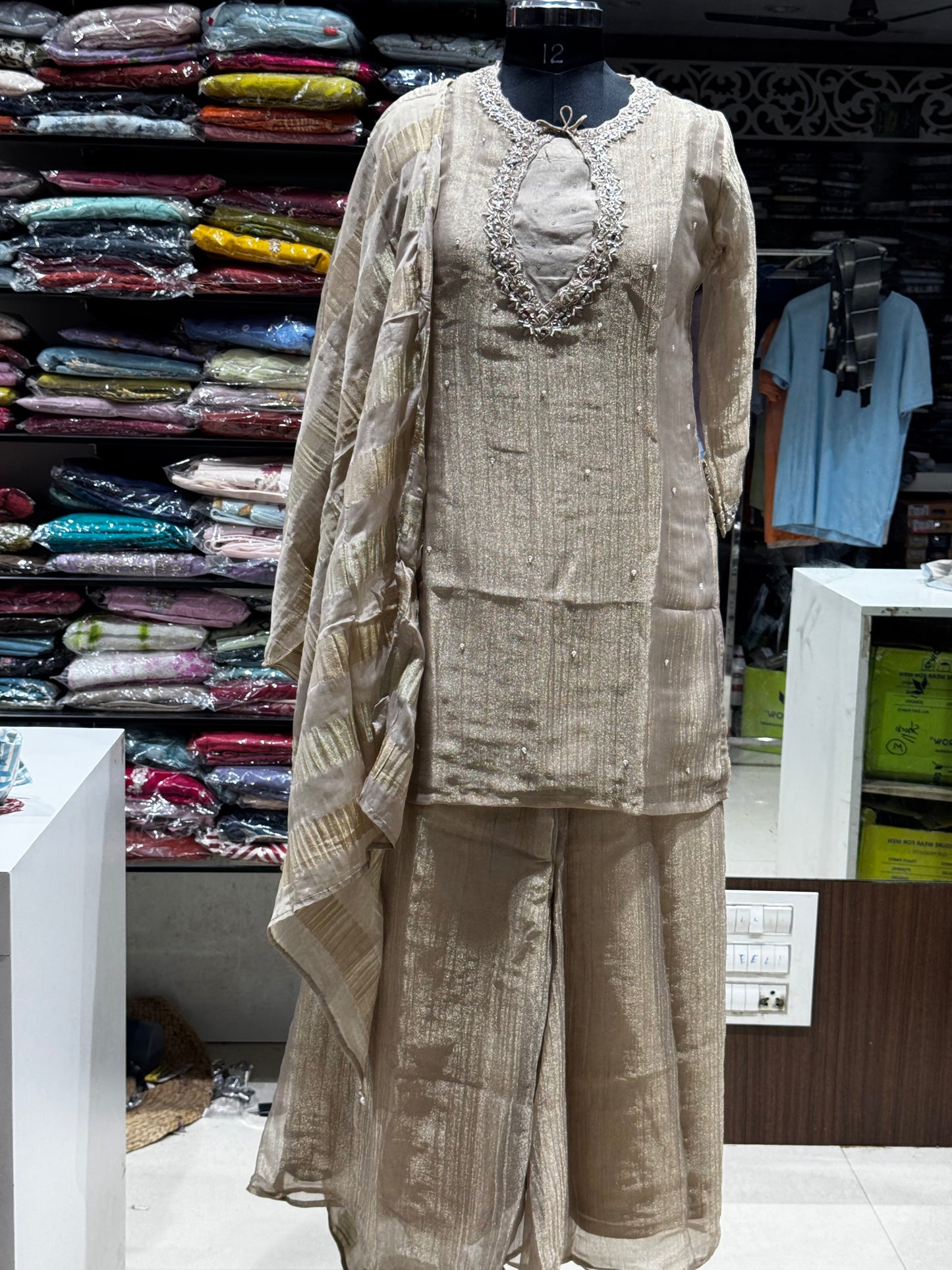K190 Tissue 3pc set with zardosi work and dupatta