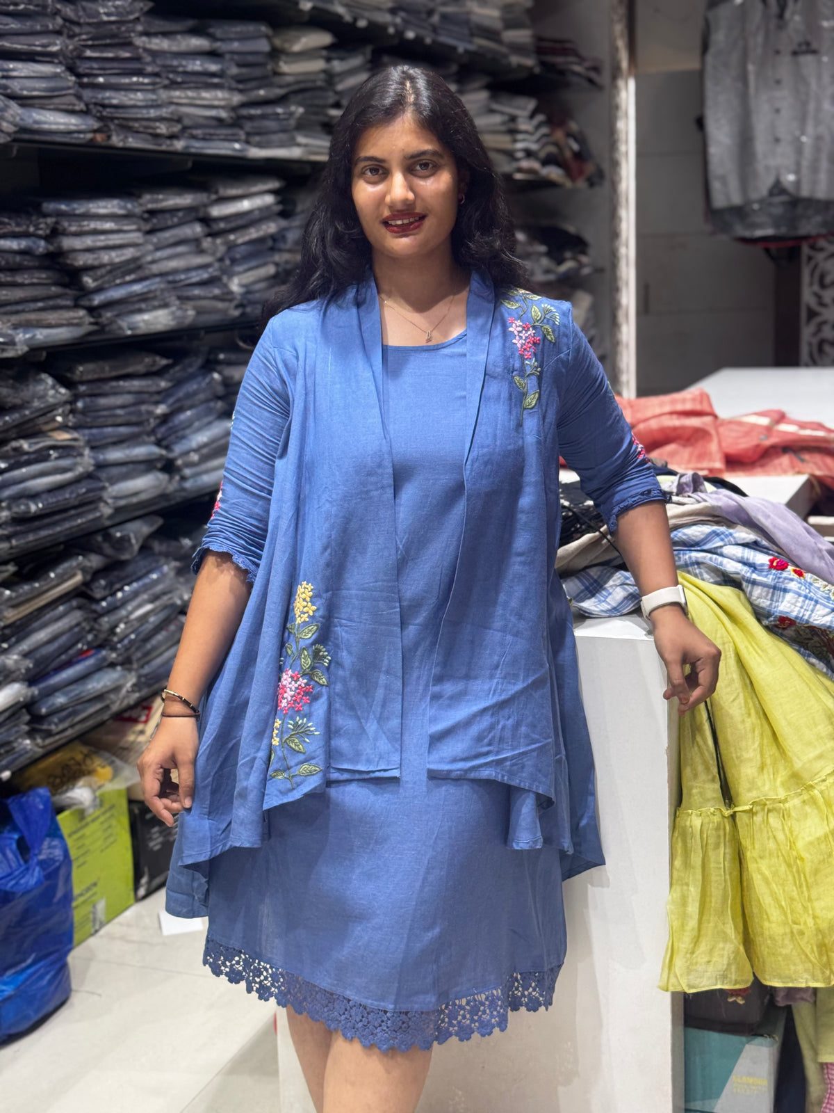 F160 Blue linen cotton dress with jacket