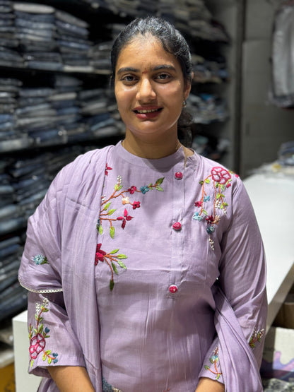 K232 Lavender Roman silk with Kantha work three peice suit set