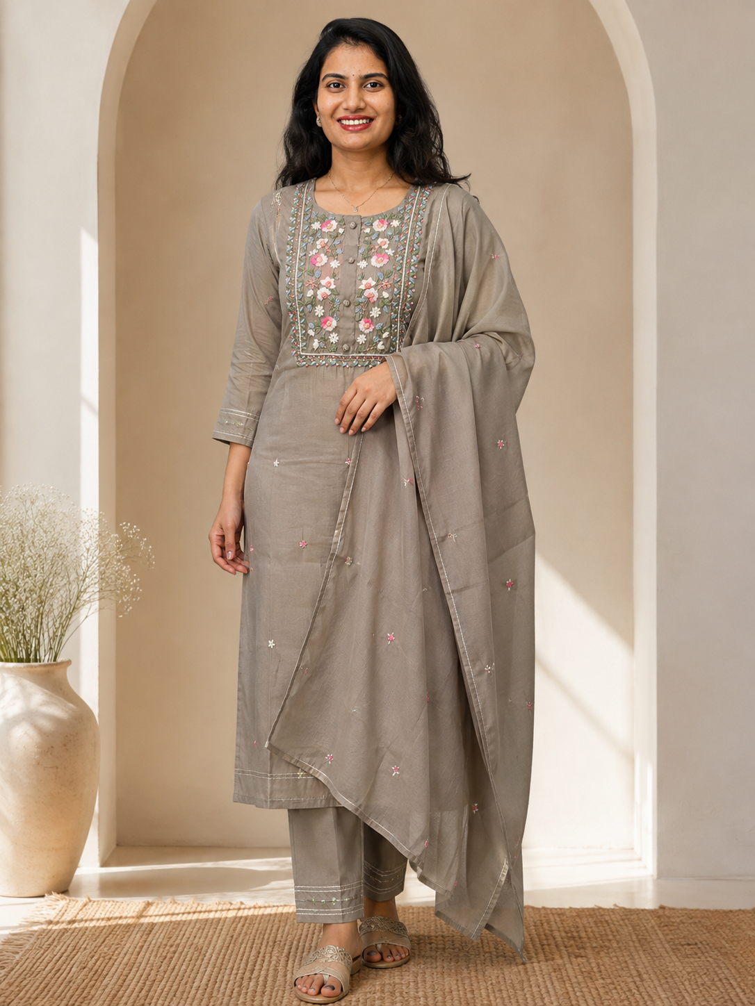K208 Roman silk with Kantha work three peice suit set