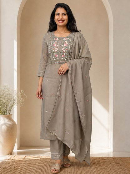 K208 Roman silk with Kantha work three peice suit set