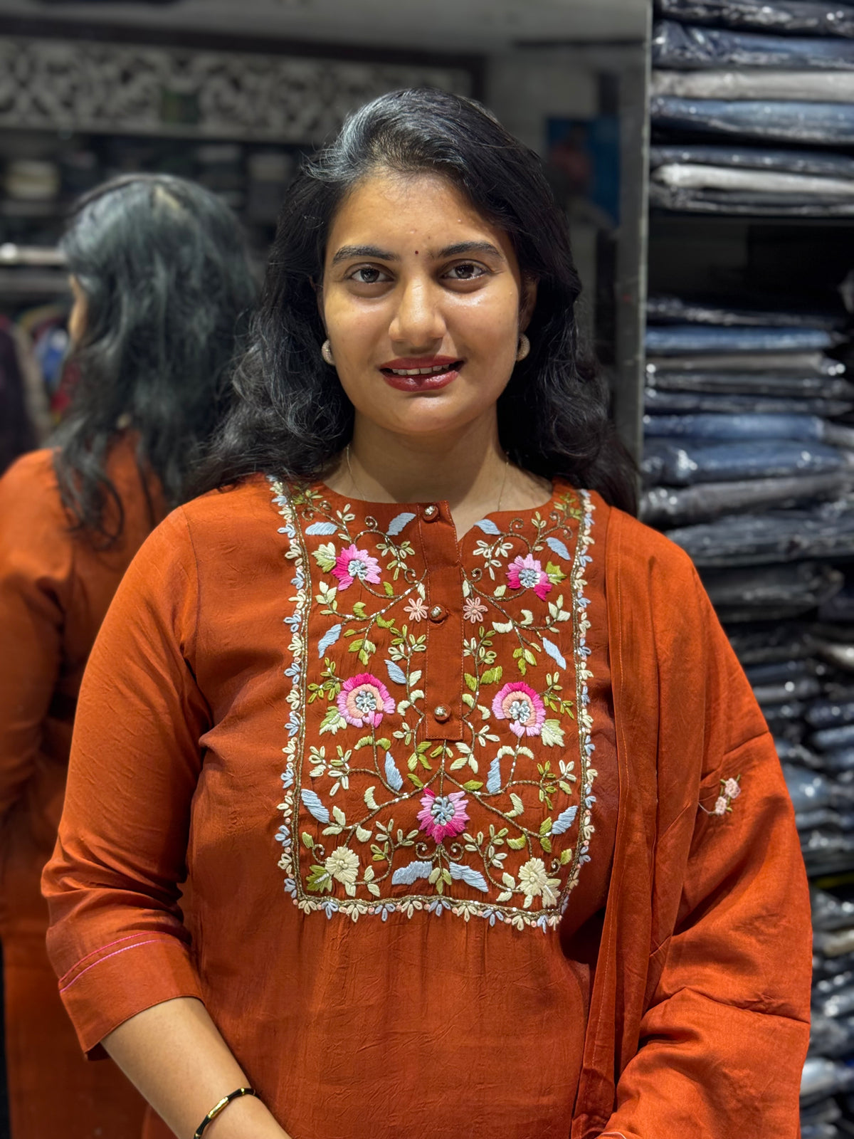 K208 Roman silk with Kantha work three peice suit set