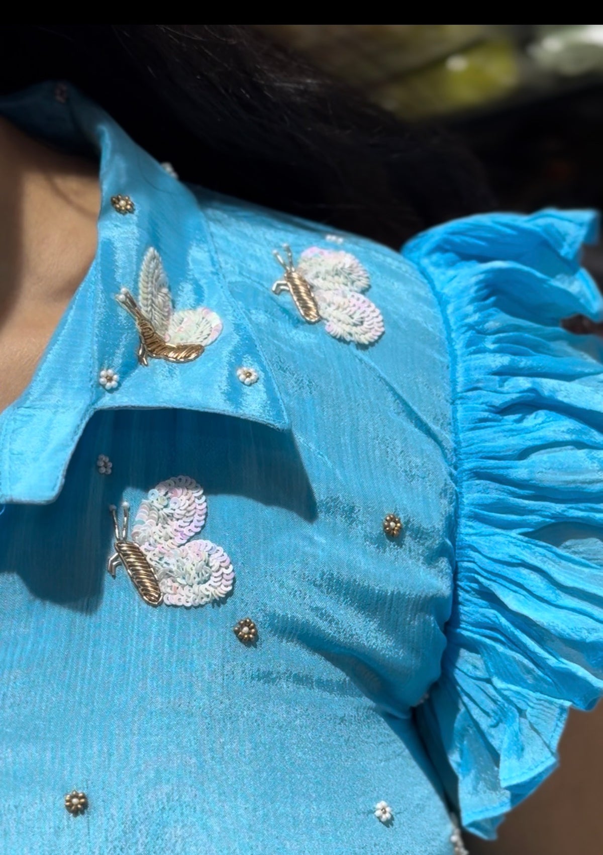 F148 Sky blue chinon butterfly dress