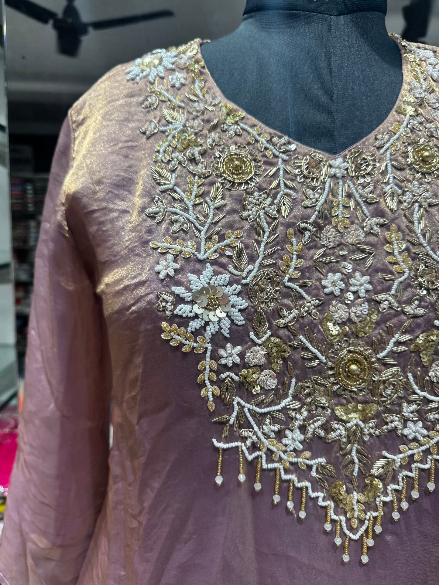 C106 Premium rose gold tissue Partywear cord set with zardosi work