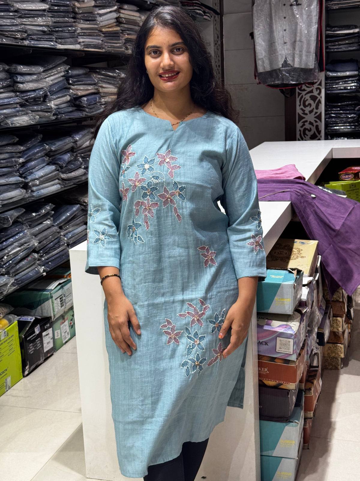 T48 FLORAL VATICAN SILK ALL WORK KURTI
