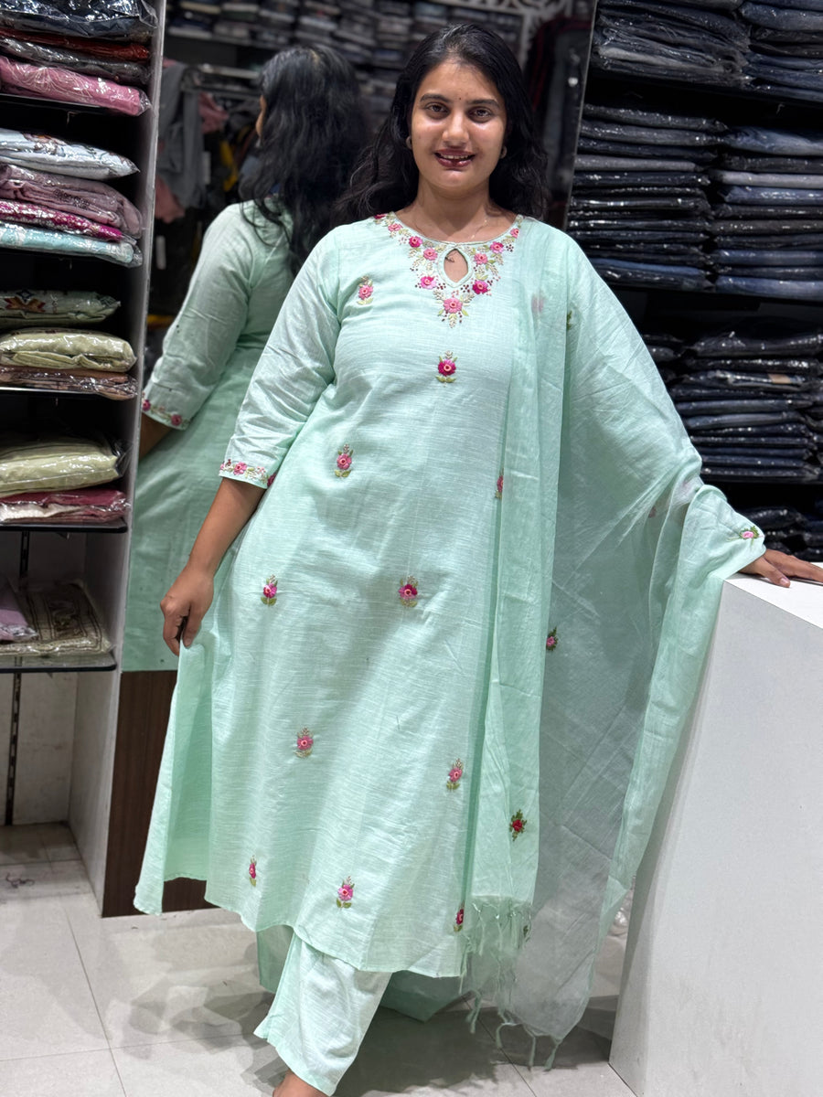 K173 Seagreen Kanthawork kurti set