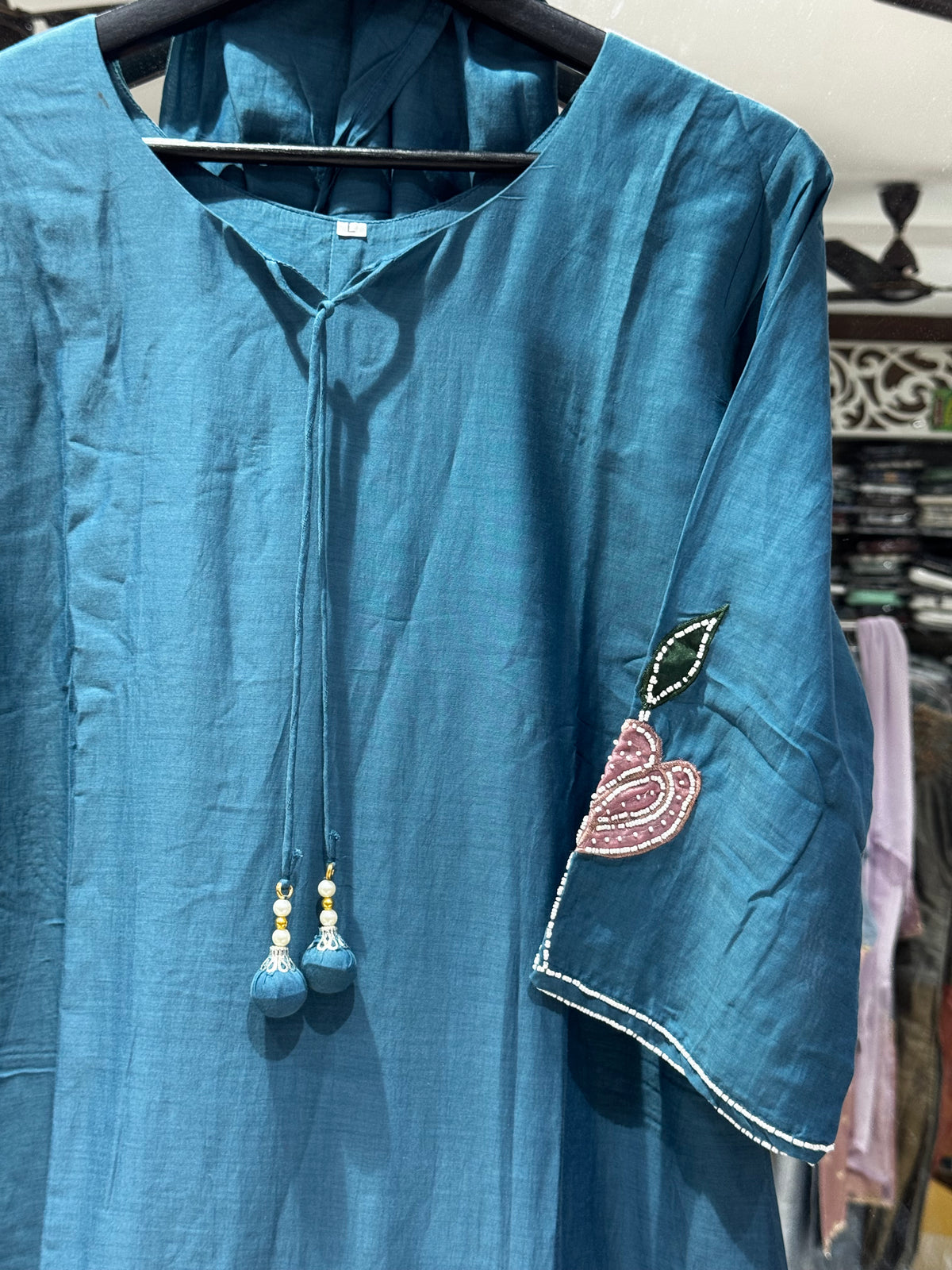 K230 Royal blue applique chinon silk suit set