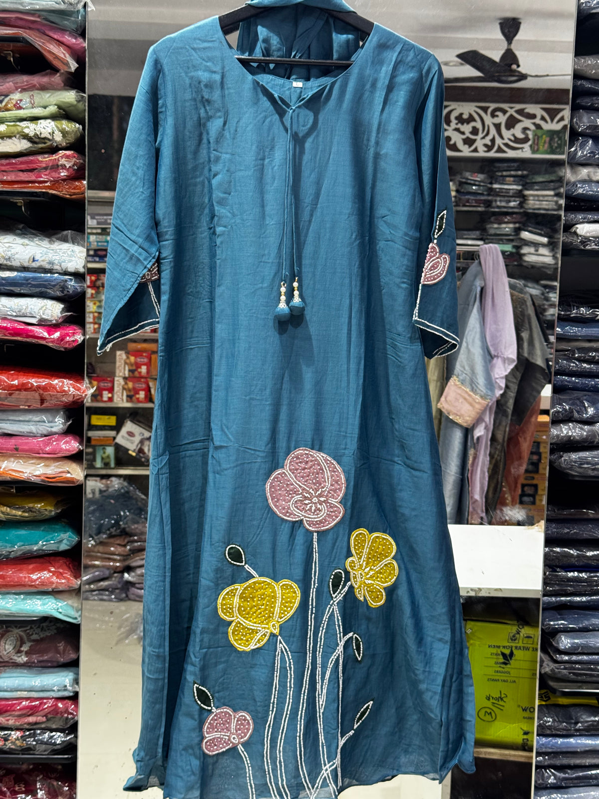 K230 Royal blue applique chinon silk suit set