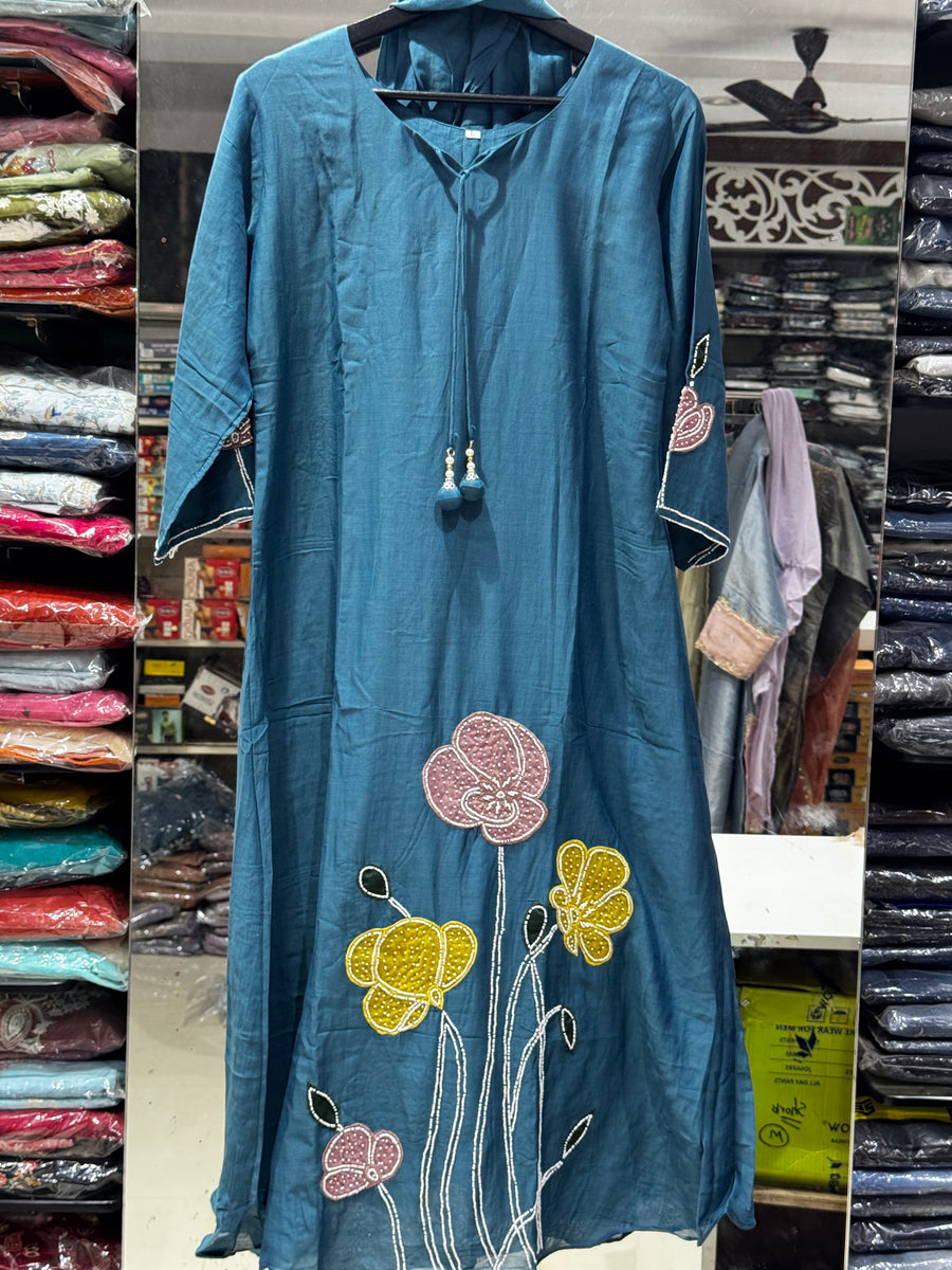 K230 Royal blue applique chinon silk suit set