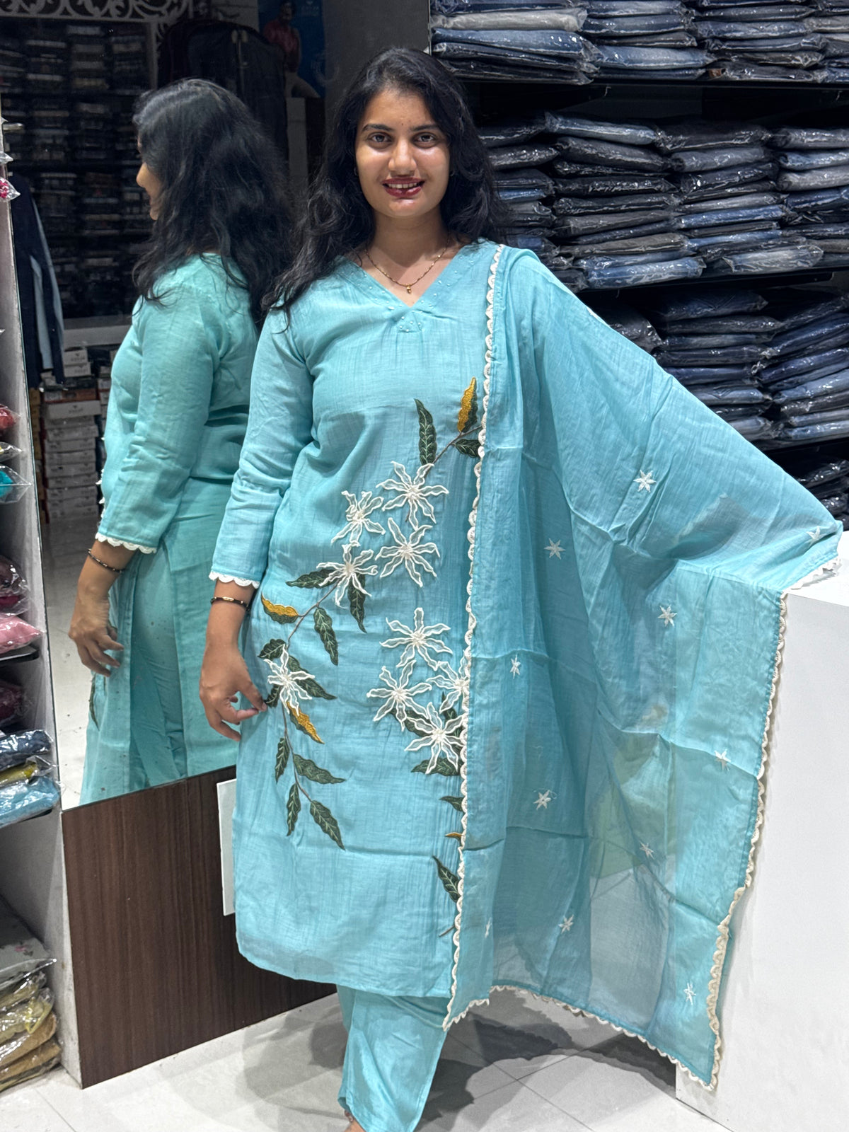 K244 Skyblue benras mulchanderi with applique work kurta set