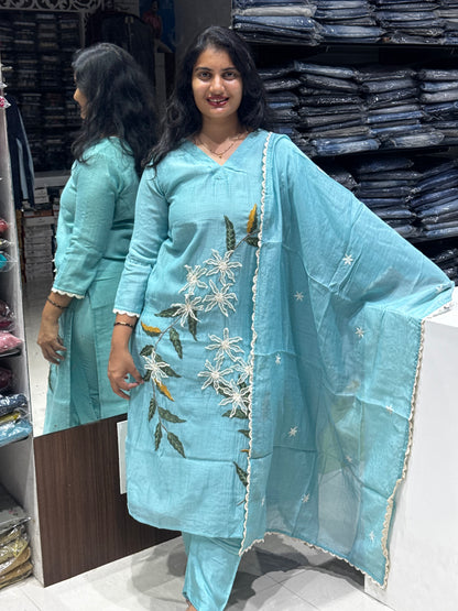 K244 Skyblue benras mulchanderi with applique work kurta set