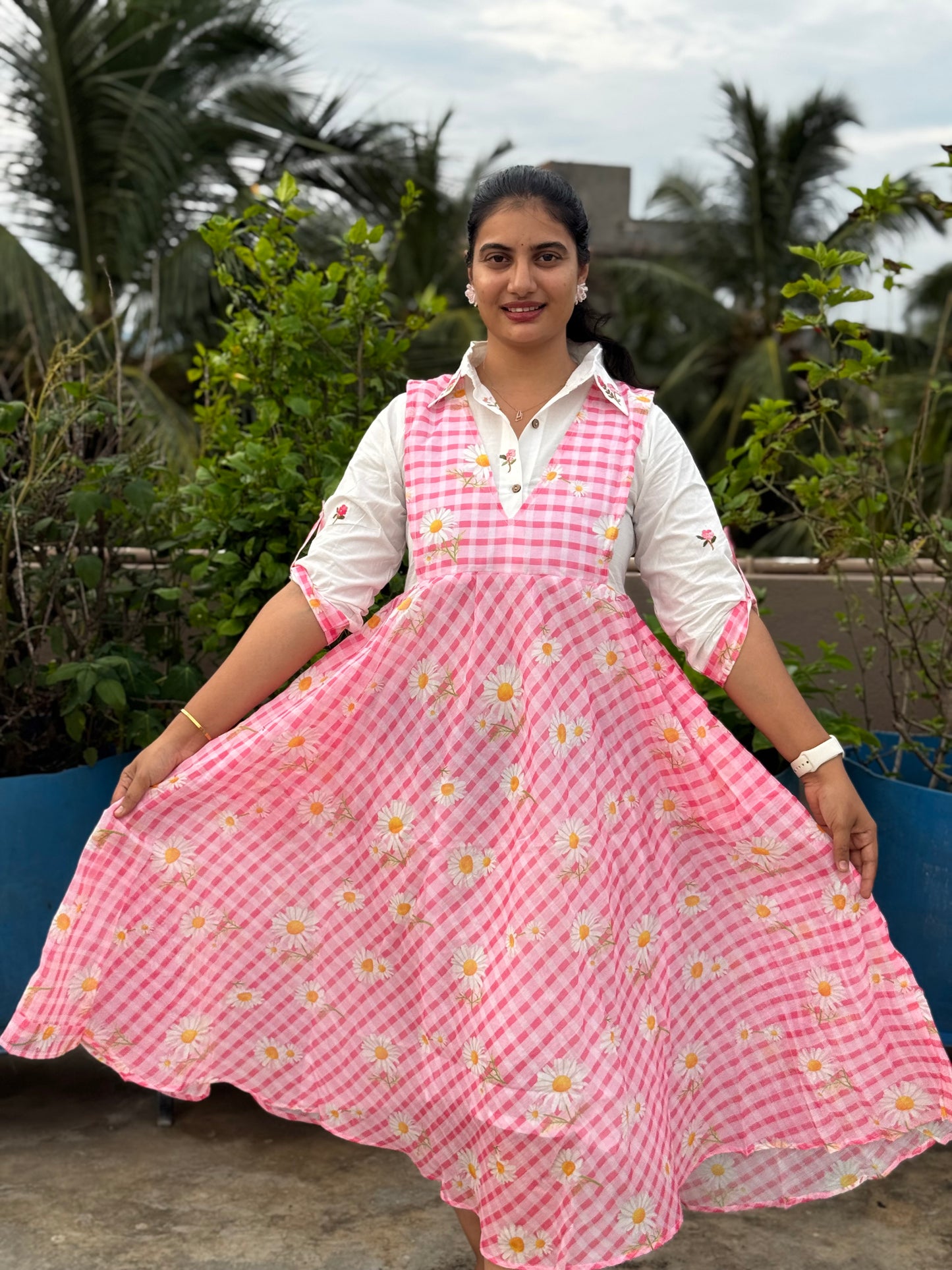 F144 Pink checks sunflower dress