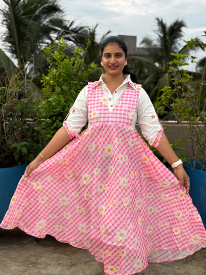 F144 Pink checks sunflower dress