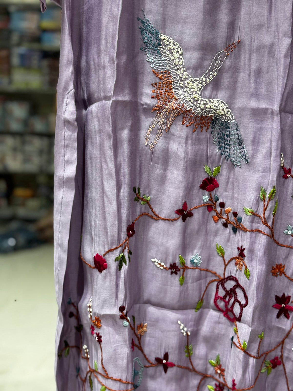 K232 Lavender Roman silk with Kantha work three peice suit set
