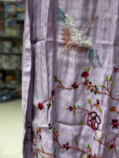 K232 Lavender Roman silk with Kantha work three peice suit set