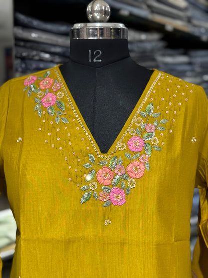 T49 mustard yellow Zardosi applique work Kurti top
