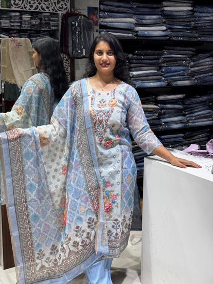 K210 Blue silk kota three peice suit set with digital print and Kantha work