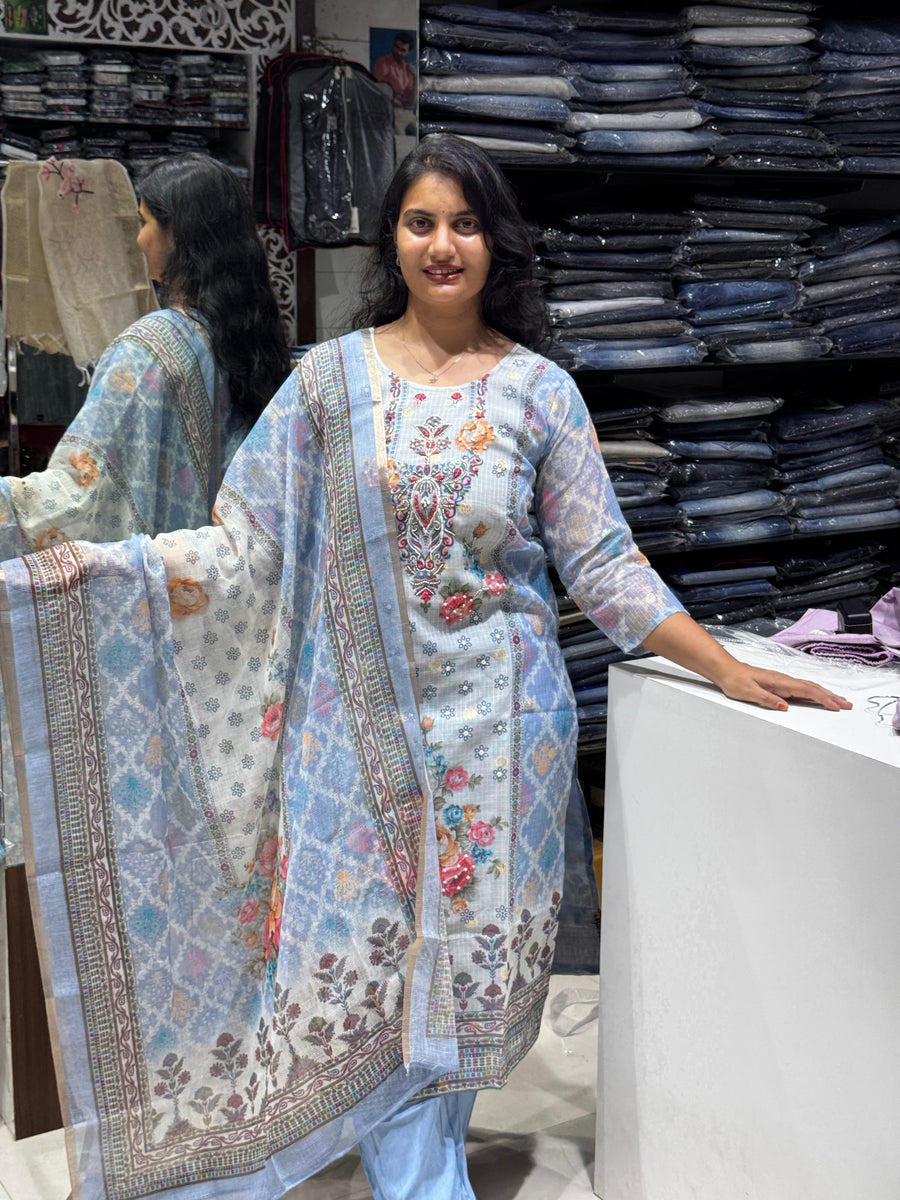 K210 Blue silk kota three peice suit set with digital print and Kantha work