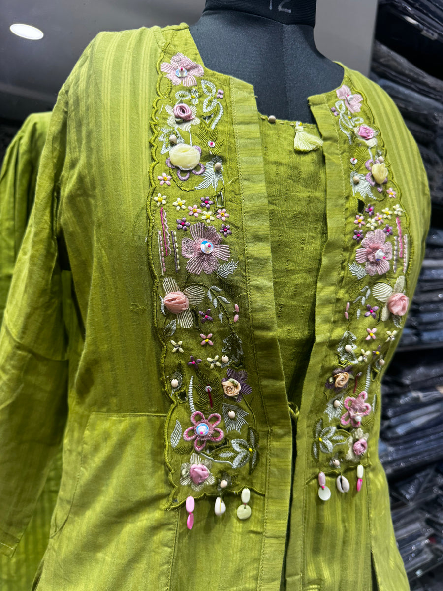 C108 Jacket style applique indowestern cord set