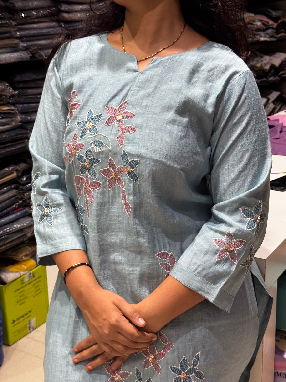 T48 FLORAL VATICAN SILK ALL WORK KURTI