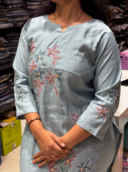T48 FLORAL VATICAN SILK ALL WORK KURTI