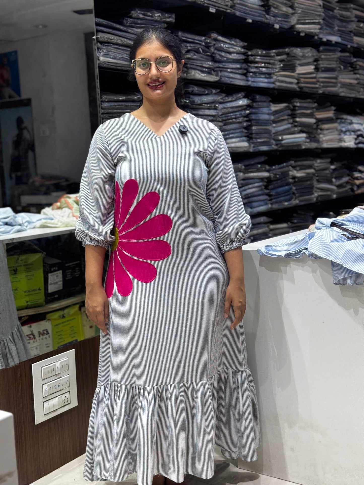 F94 Stripes flower Handloom dress