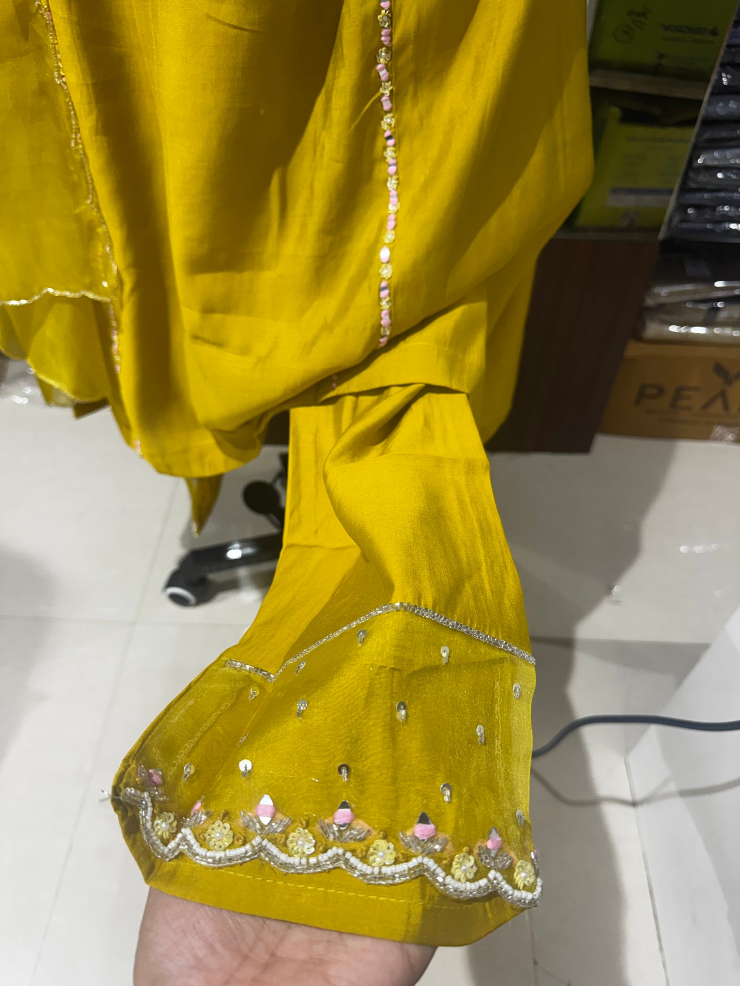 K202 Mustard yellow Roman silk  three peice set with zardosi