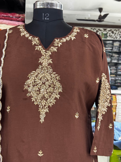 K188 Chocolate brown  chinon silk 3pc set