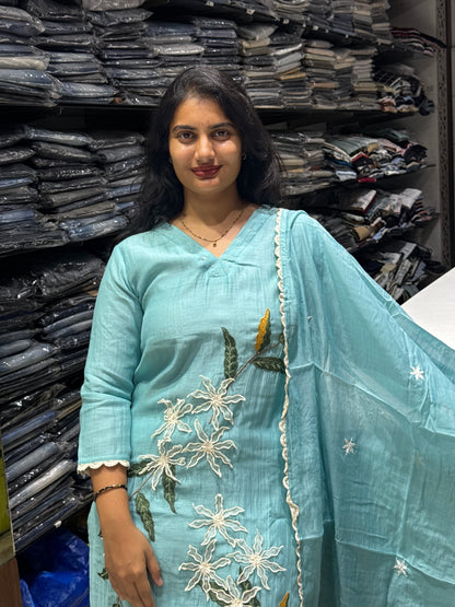 K244 Skyblue benras mulchanderi with applique work kurta set