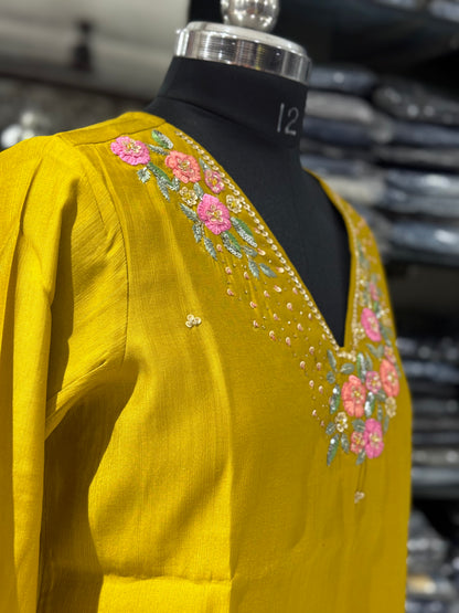 T49 mustard yellow Zardosi applique work Kurti top