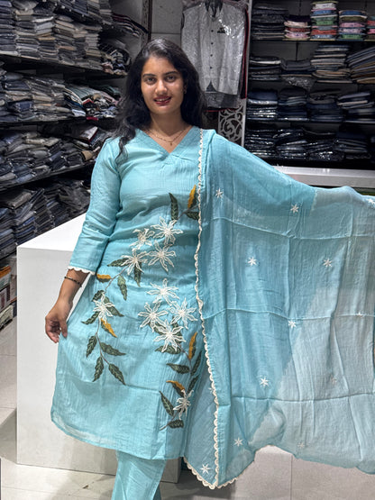 K244 Skyblue benras mulchanderi with applique work kurta set