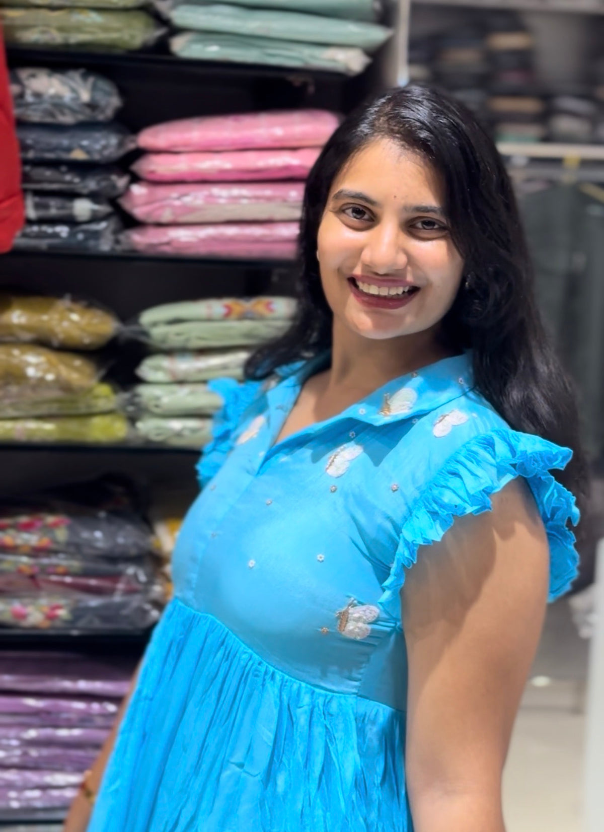 F148 Sky blue chinon butterfly dress