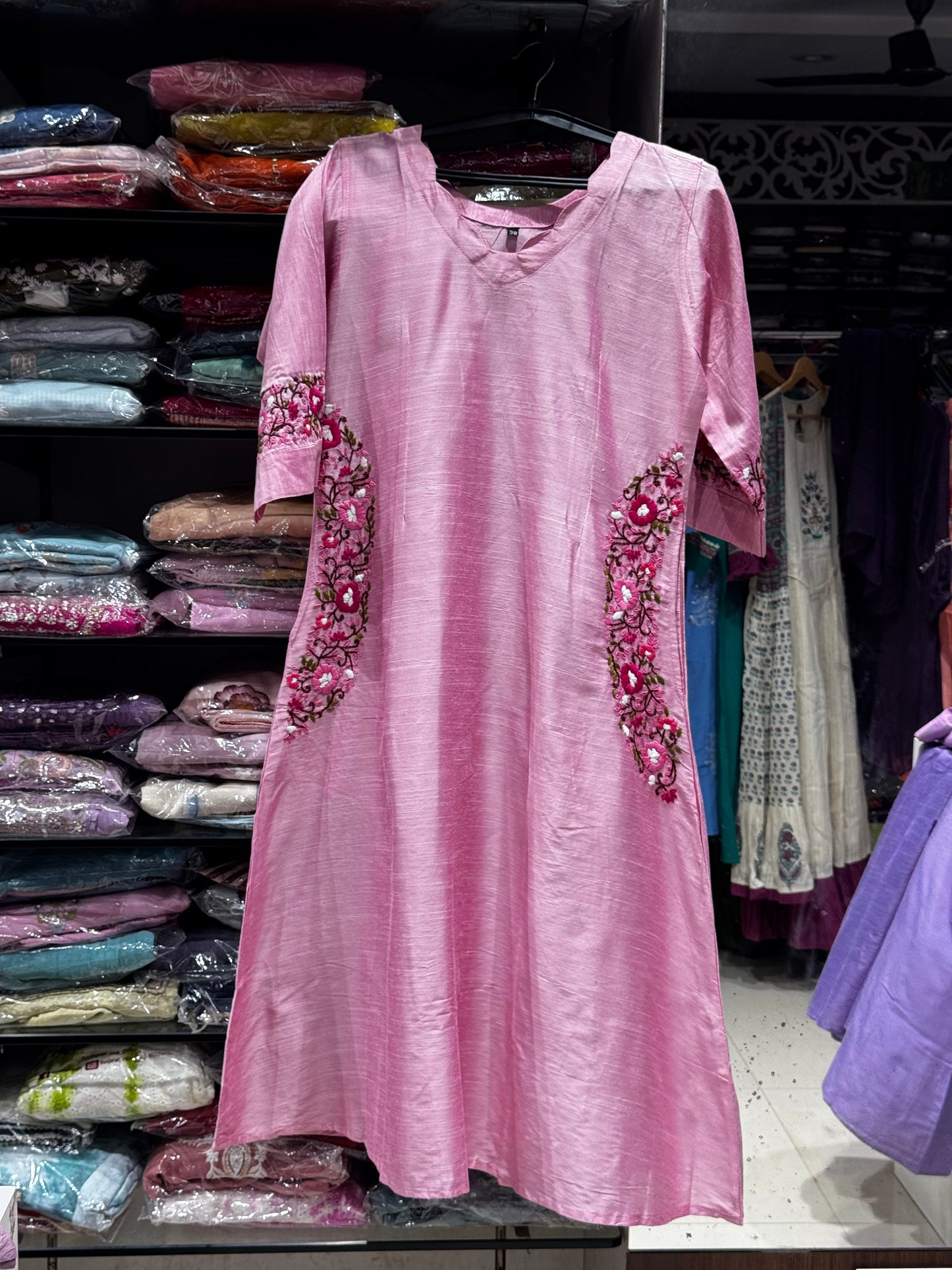 F141 Baby pink Slubsilk kurti/gown