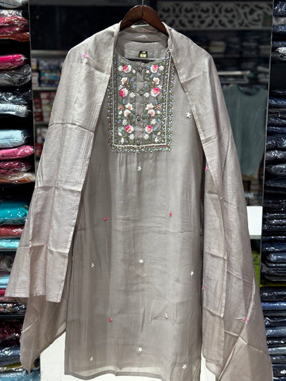 K208 Roman silk with Kantha work three peice suit set