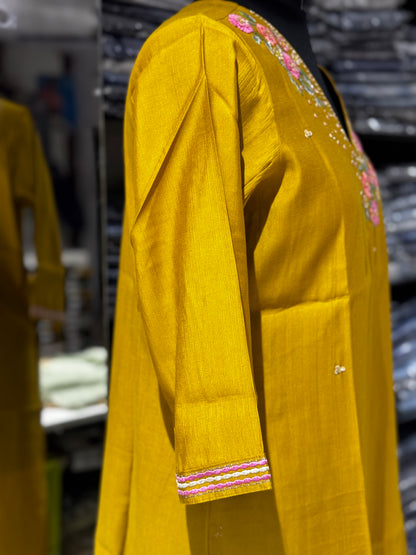 T49 mustard yellow Zardosi applique work Kurti top