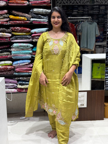 K257 Tissue three peice suit set with applique work