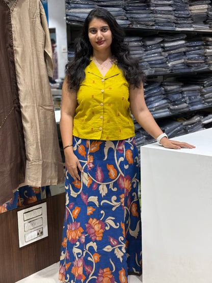 S10 Indo fusion Handloom kalamkari skirt cord set mustard yellow and blue