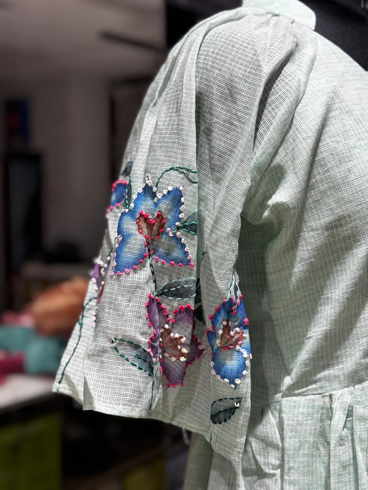 F164 Buetterfky hands Linen kota doriya dress with brush paint