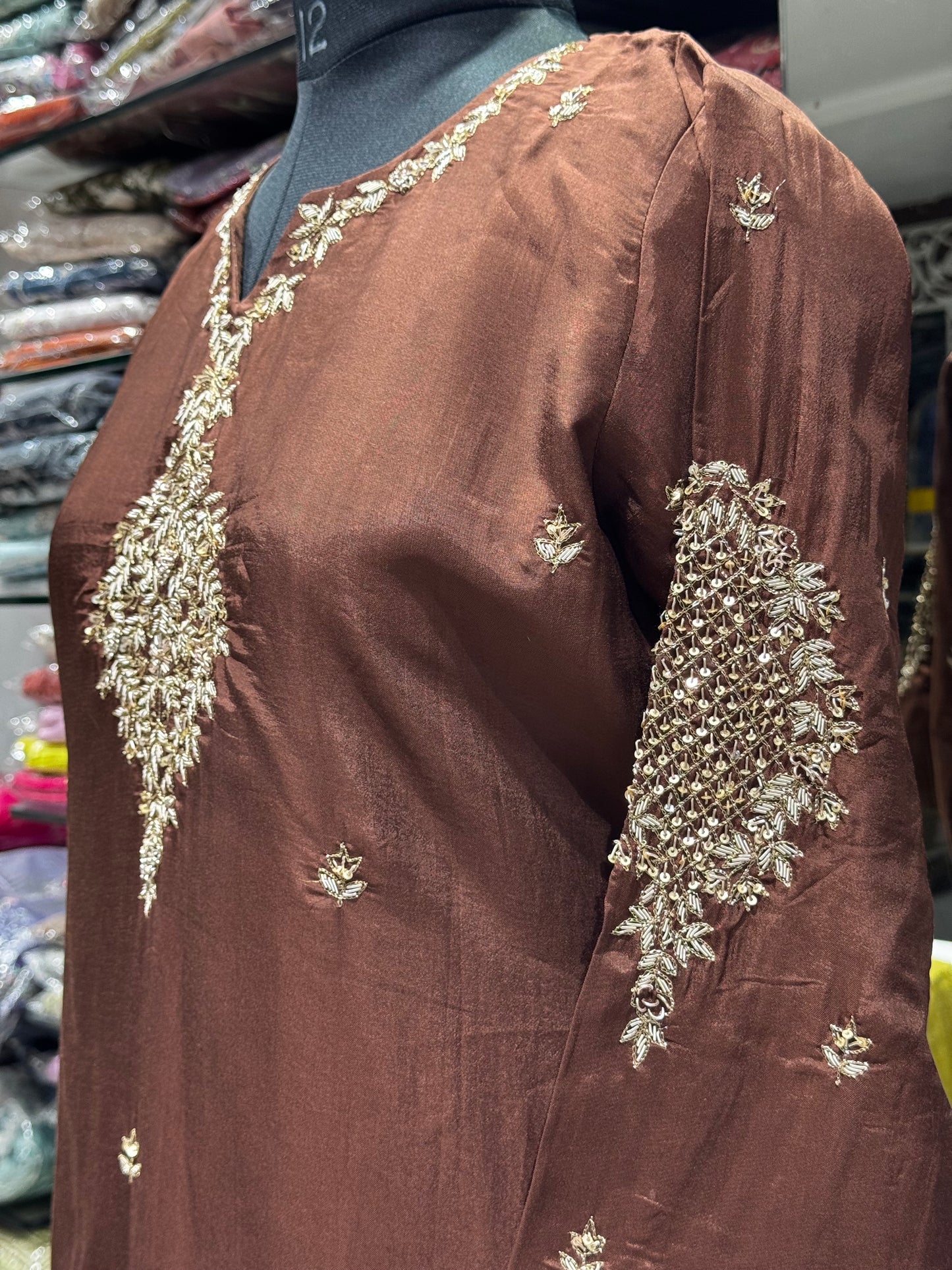 K188 Chocolate brown  chinon silk 3pc set